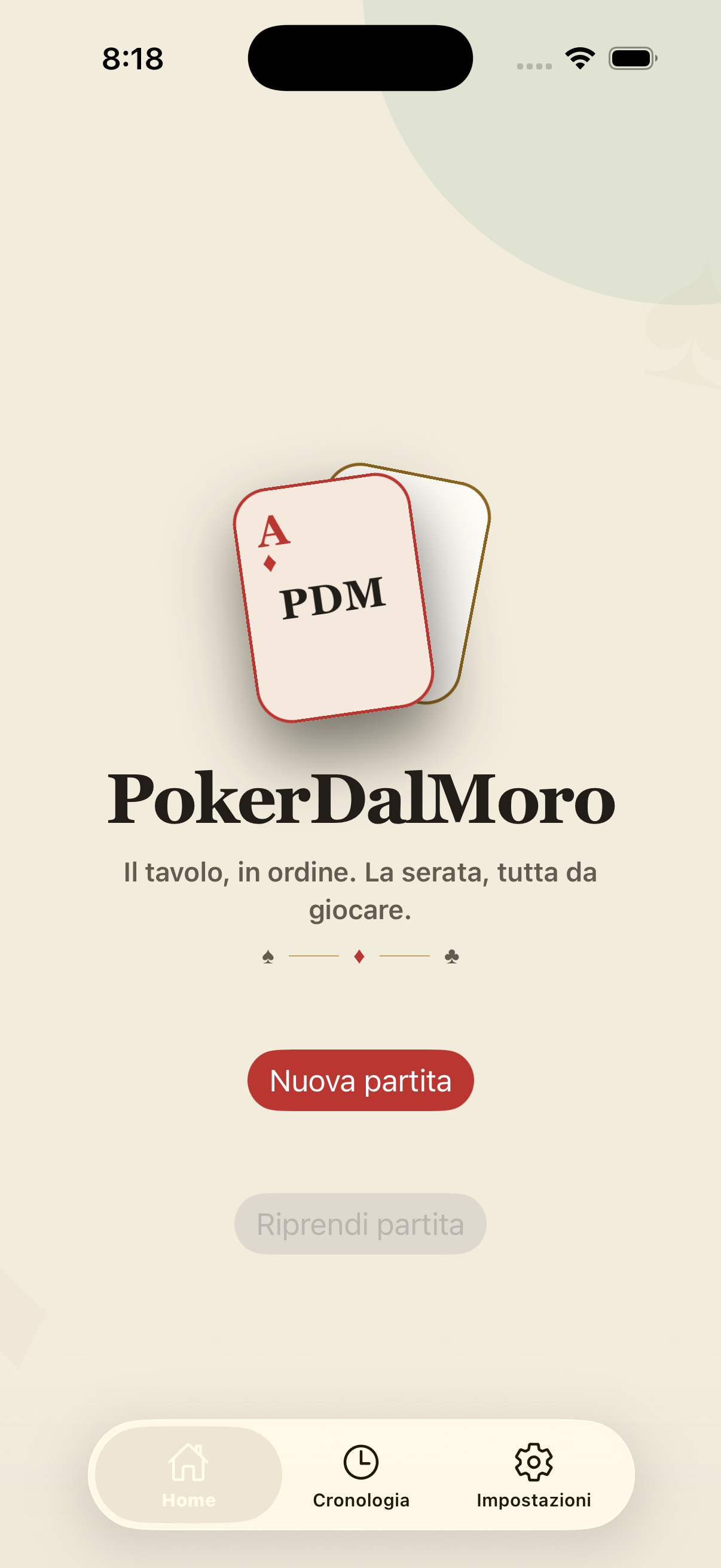 Schermata iniziale dell’app PokerDalMoro